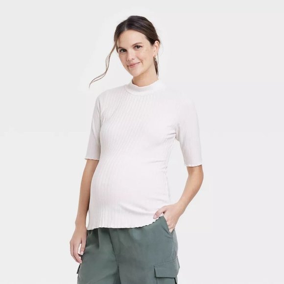 The Nines by HATCH™ Mock Turtleneck Rib Knit Maternity Shirt Ivory Size Small - Picture 1 of 3